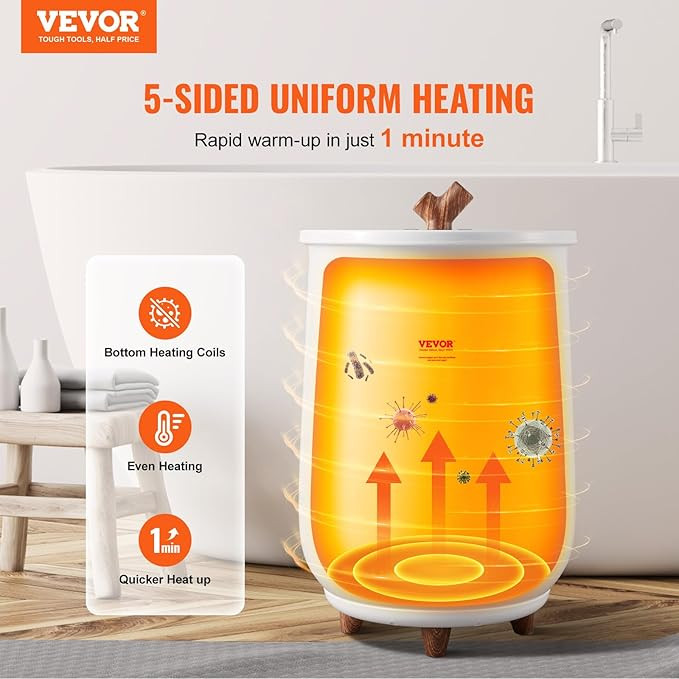 سطل حوله گرم کن VEVOR، حوله گرم کن بزرگ 20 لیتری برای حمام، بخاری حوله خاموش خودکار با تایمر 4 سطحی مناسب تا دو حوله بزرگ 40 اینچ، حمام، پتو، گواهی ETL و FCC