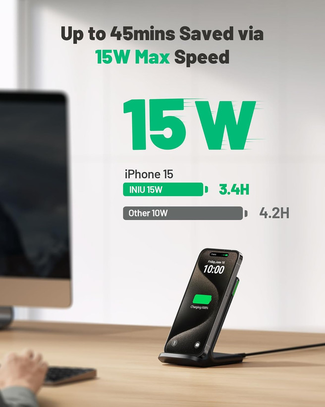 شارژر بیسیم INIU 15W - شارژ سریع Qi-Certified با نور آداپتیو سازگار با آیفون و سامسونگ