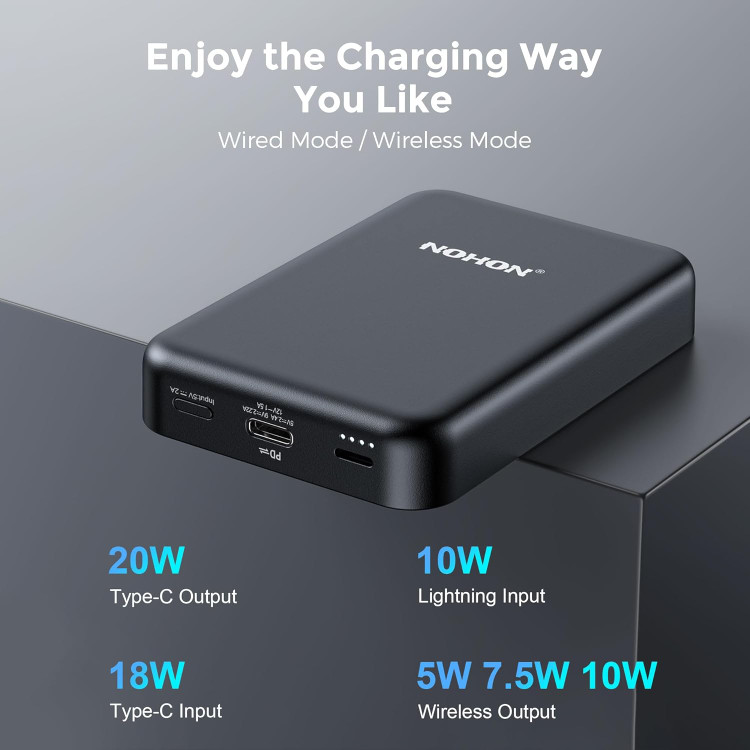 شارژر مغناطیسی بی سیم mag safe باتری no hon پاوربانک pd 20 w شارژ سریع 10000 میلی امپر