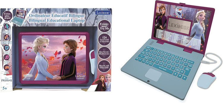 Lexibook آموزشی و لپ تاپ دو زبانه عربی/انگلیسی - اسباب بازی برای کودک کودک 124 فعالیت، آموزش بازی و موسیقی با Frozen - بنفش/آبی JC598FZi13