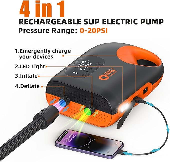 پمپ هوای SUP قابل شارژ 12000 میلی آمپر ساعتی، بادکردن هوشمند دو مرحله ای با فشار بالا 20PSI با ویژگی خاموش شدن خودکار و نور LED، عملکرد باد کردن برای تخته های پارویی ایستاده، قایق ها، چادر