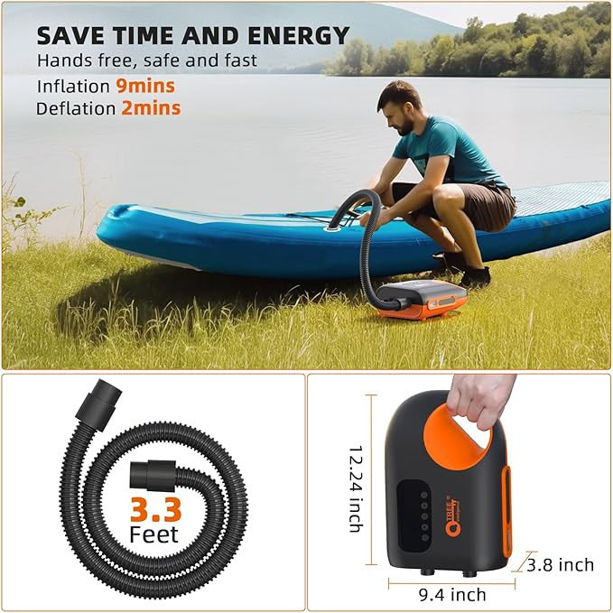 پمپ هوای SUP قابل شارژ 12000 میلی آمپر ساعتی، بادکردن هوشمند دو مرحله ای با فشار بالا 20PSI با ویژگی خاموش شدن خودکار و نور LED، عملکرد باد کردن برای تخته های پارویی ایستاده، قایق ها، چادر