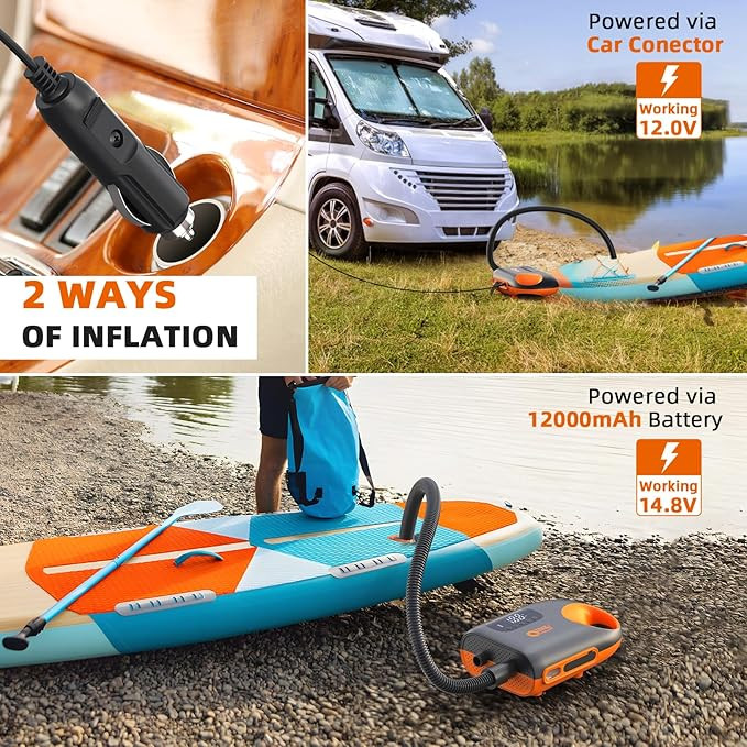 پمپ هوای SUP قابل شارژ 12000 میلی آمپر ساعتی، بادکردن هوشمند دو مرحله ای با فشار بالا 20PSI با ویژگی خاموش شدن خودکار و نور LED، عملکرد باد کردن برای تخته های پارویی ایستاده، قایق ها، چادر