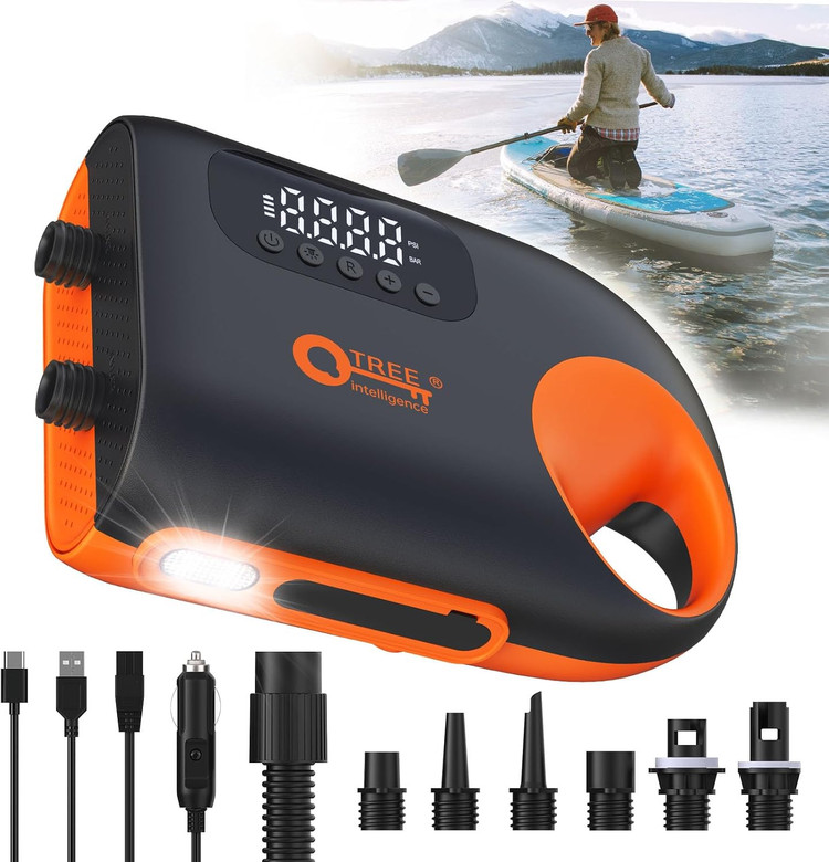 پمپ هوای SUP قابل شارژ 12000 میلی آمپر ساعتی، بادکردن هوشمند دو مرحله ای با فشار بالا 20PSI با ویژگی خاموش شدن خودکار و نور LED، عملکرد باد کردن برای تخته های پارویی ایستاده، قایق ها، چادر