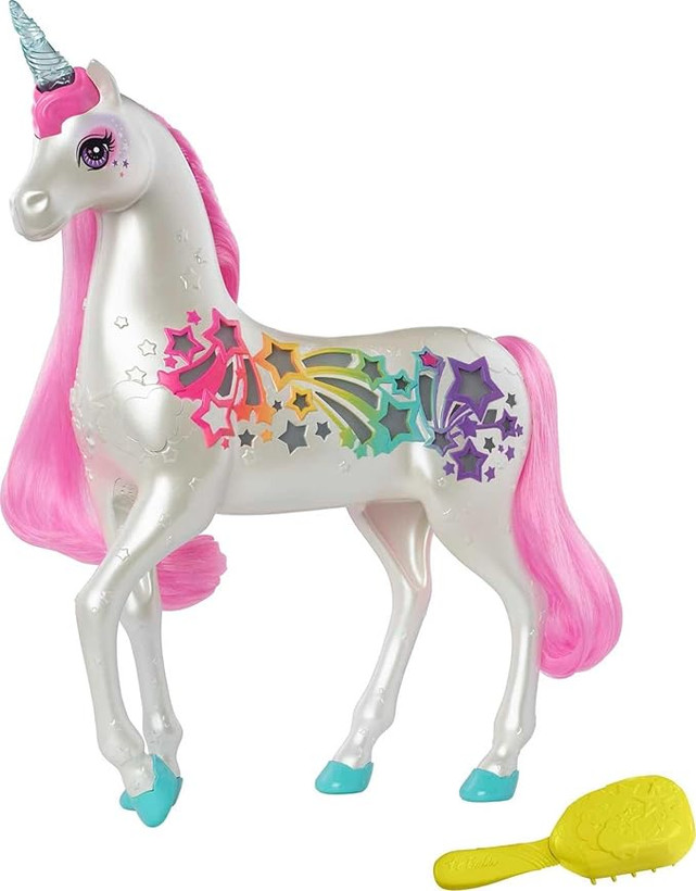 Barbie Dreamtopia Unicorn، اسباب بازی تعاملی Brush 'n Sparkle با نور و صدا، لوازم جانبی براش جادویی، اسب شاخدار سفید با یال صورتی و ستاره های روشن