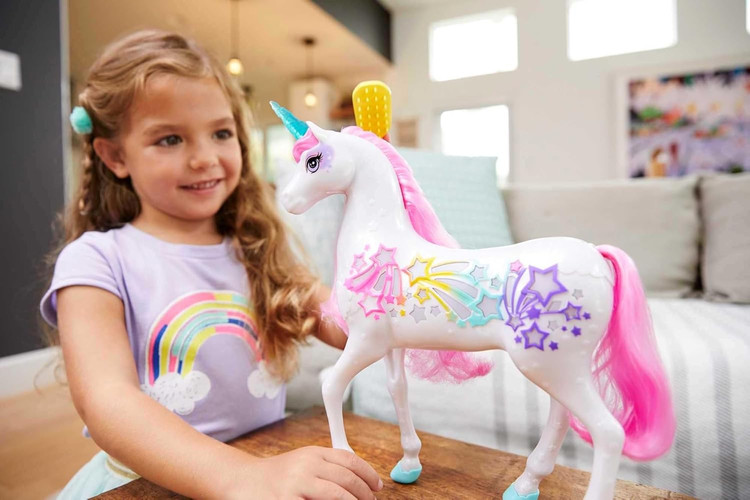 Barbie Dreamtopia Unicorn، اسباب بازی تعاملی Brush 'n Sparkle با نور و صدا، لوازم جانبی براش جادویی، اسب شاخدار سفید با یال صورتی و ستاره های روشن