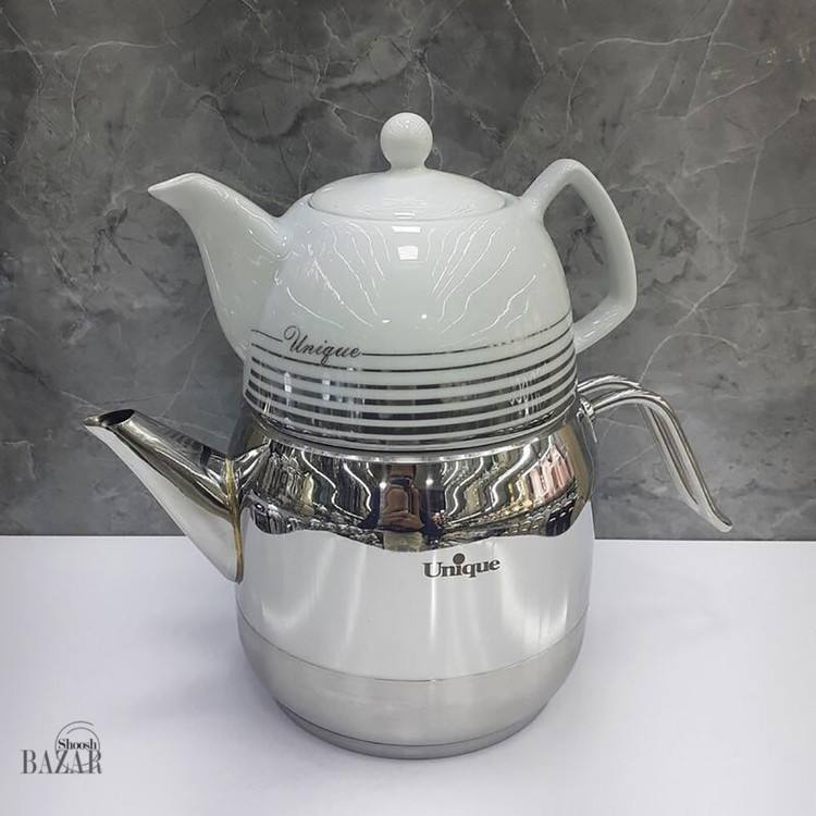 ست کتری وقوری استیل ریور مدل کمرباریک طلایی نقره ای 2150