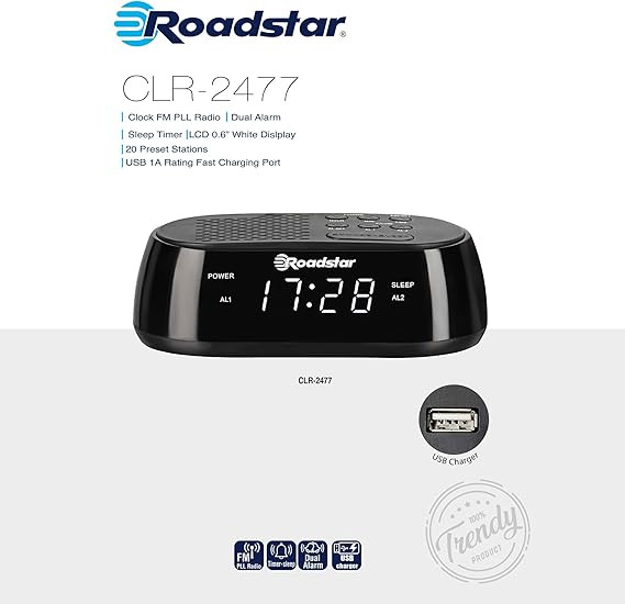 ساعت زنگدار هوشمند Roadstar با قابلیت رادیو و اتصال USB - همراه با نمایشگر LED