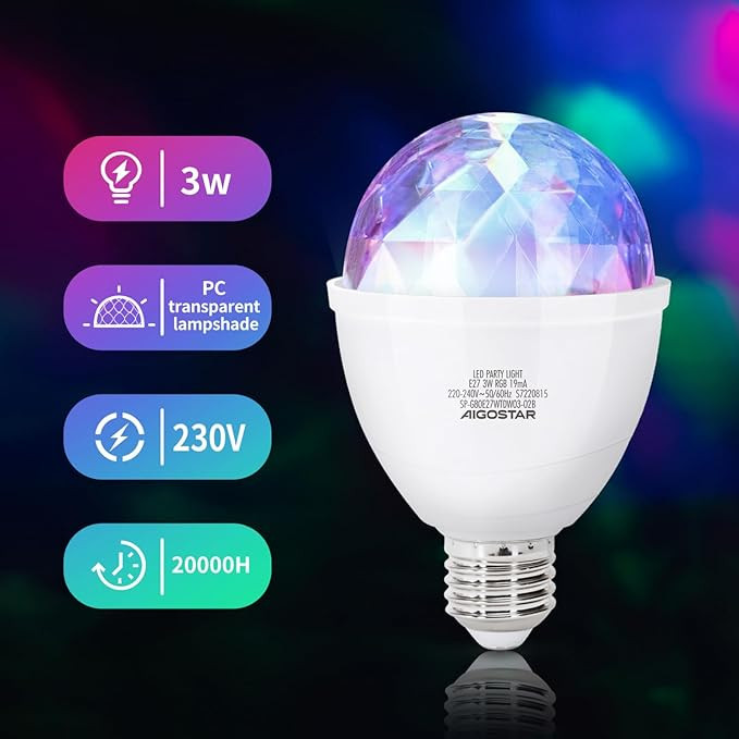 چراغ RGB چرخان خودکار 3 وات پایه E27 برای مهمانی و کلوپ
