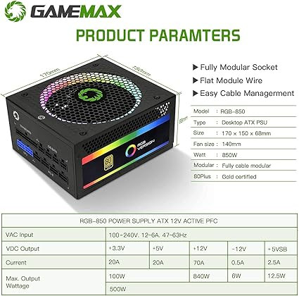 فن کیس 850 وات Gamemax با نورپردازی RGB و گواهی 80+ Gold
