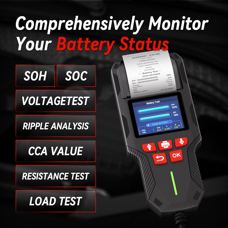 تستر باتری خودرو KW700 با پرینتر داخلی - تشخیص سلامت باتریهای 12V و 24V